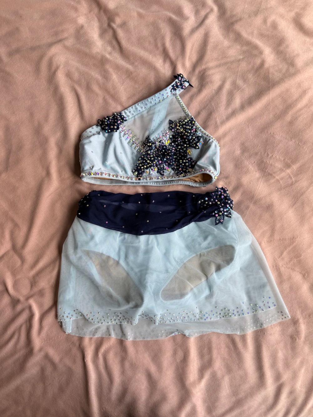 Light Blue and Navy Rhinestoned Embellished Dance Top and Skirt Set